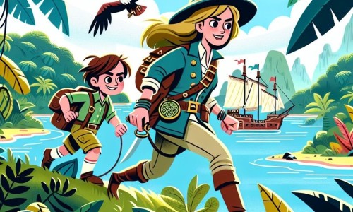 Une illustration destinée aux enfants représentant une courageuse exploratrice, accompagnée d'un jeune garçon intrépide, se lançant dans une aventure épique à la recherche d'un trésor légendaire caché dans une jungle luxuriante de l'île tropicale mystérieuse d'Émeraude.