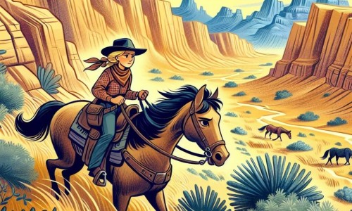 Une illustration destinée aux enfants représentant une jeune cow-girl intrépide, à la recherche d'un trésor légendaire avec son cheval fidèle, traversant des canyons escarpés et des plaines dorées de l'Ouest américain.