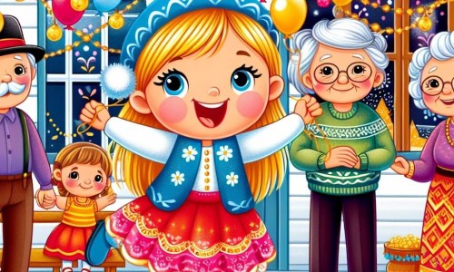 Une illustration destinée aux enfants représentant une fillette pleine de vie et d'énergie, célébrant le réveillon du nouvel an avec sa famille, accompagnée de sa mamie et de son papi, dans une maison décorée de guirlandes brillantes et de ballons colorés.