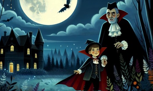 Une illustration destinée aux enfants représentant un jeune garçon, déguisé en vampire, explorant une sombre et sinistre maison hantée, accompagné d'un mystérieux comte vêtu de noir, entourés d'arbres grimaçants et de hautes herbes, sous la lueur de la lune brillante et des citrouilles illuminées, lors d'une nuit d'Halloween magique.