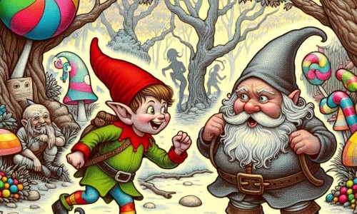 Une illustration destinée aux enfants représentant un elfe espiègle se lançant dans un défi de farces avec un lutin maladroit, au cœur de la Forêt Enchantée où les arbres se transforment en bonbons multicolores.