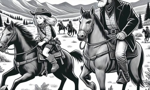 Une illustration destinée aux enfants représentant une jeune cowgirl intrépide, confrontée à des bandits dans les vastes plaines sauvages de l'Ouest américain, accompagnée de son grand-père cow-boy sage et respecté.
