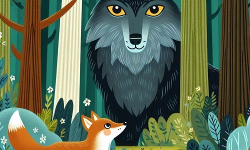Une illustration destinée aux enfants représentant un loup solitaire aux yeux dorés, une jeune renarde curieuse, dans une dense forêt aux arbres majestueux et aux sentiers mystérieux.