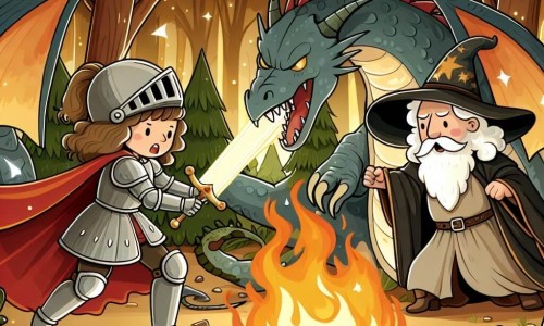 Une illustration destinée aux enfants représentant une courageuse chevalière affrontant un dragon redoutable avec l'aide d'un vieux sorcier sage, au cœur d'une forêt enchantée illuminée par les flammes rugissantes.