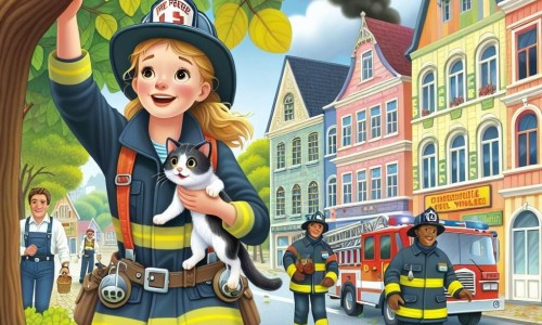 Une illustration destinée aux enfants représentant une femme pompier courageuse et déterminée, accompagnée de son équipe, en train de sauver un chat coincé dans un arbre, dans la pittoresque petite ville de Plumeville avec ses maisons colorées et ses rues bordées d'arbres.