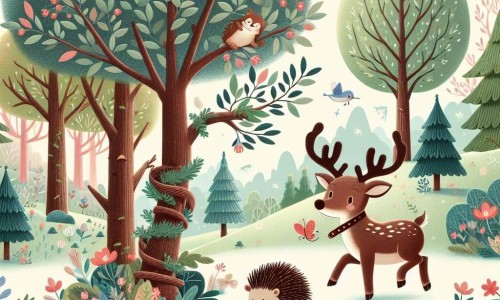 Une illustration destinée aux enfants représentant un renne maladroit se retrouvant dans une forêt enchantée où les arbres chuchotent des secrets, accompagné d'un hérisson coincé entre les branches, dans la magnifique forêt de Tendrebois où les fleurs dansent au rythme du vent.