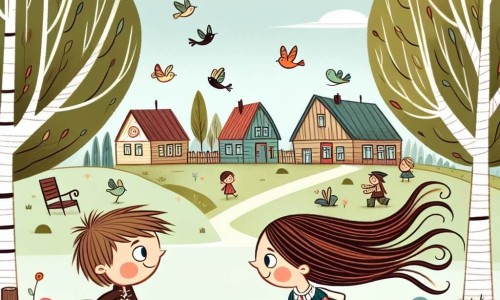 Une illustration destinée aux enfants représentant un garçon curieux et ouvert d'esprit, faisant la rencontre d'une fille timide et créative, dans une petite ville paisible où les arbres dansent avec le vent et les oiseaux chantent gaiement.