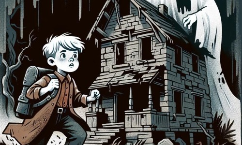 Une illustration destinée aux enfants représentant un jeune garçon courageux explorant une maison hantée avec un spectre tourmenté, dans une demeure lugubre aux murs sombres et décrépis, envahie par une atmosphère lourde et oppressante.