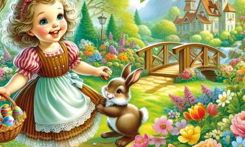 Une illustration destinée aux enfants représentant une petite fille joyeuse à la recherche d'œufs en chocolat avec sa maman lapin dans un magnifique jardin printanier aux fleurs colorées et au pont en bois enchanteur.