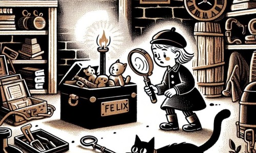Une illustration destinée aux enfants représentant une fillette intrépide à la recherche de son doudou adoré, accompagnée de son fidèle chat Félix, explorant une cave sombre et mystérieuse pleine de vieux objets.