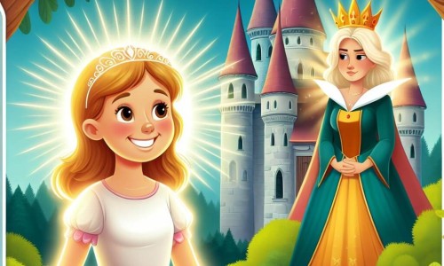 Une illustration destinée aux enfants représentant une jeune femme au sourire radieux, entourée d'une aura lumineuse, faisant face à une reine jalouse dans un château majestueux, entouré d'une forêt verdoyante et mystérieuse.