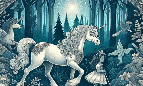 Une illustration destinée aux enfants représentant une licorne majestueuse, une petite fille curieuse et la forêt enchantée, où une aventure magique se prépare.