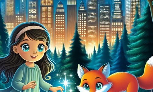 Une illustration destinée aux enfants représentant une petite fille aux yeux pétillants, plongée dans une quête magique à travers une forêt dense, accompagnée d'un renard malicieux, dans la ville étincelante de Lumina aux gratte-ciels scintillants et aux rues bondées.