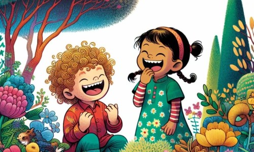 Une illustration destinée aux enfants représentant une petite fille espiègle partageant des éclats de rire avec son copain aux cheveux en bataille, dans un parc coloré rempli de buissons fleuris et d'arbres joyeux.