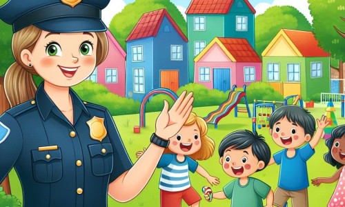 Une illustration destinée aux enfants représentant une femme policière souriante, vêtue d'un uniforme bleu foncé, qui aide les enfants du quartier à résoudre un mystère de bonbons volés, dans un paisible quartier aux maisons colorées, entouré d'arbres verdoyants et d'un parc animé rempli de rires et de jeux.