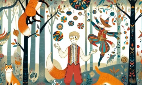 Une illustration destinée aux enfants représentant un garçon curieux se retrouvant dans un monde fantastique avec des animaux farfelus, dont un renard jongleur, dans une forêt magique bordée d'arbres aux feuilles multicolores qui dansent au rythme de la musique enchantée.