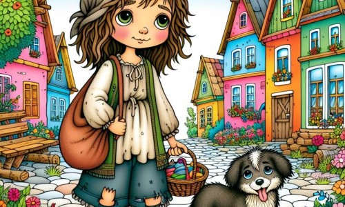 Une illustration destinée aux enfants représentant une jeune fille aux cheveux bruns, vêtue de vêtements usés, tenant un petit sac de jouets, accompagnée d'un chien fidèle, dans un village coloré avec des maisons en bois et des fleurs qui bordent les rues pavées.