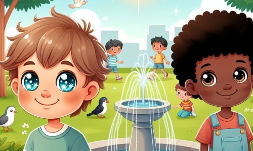 Une illustration destinée aux enfants représentant un garçon aux yeux pétillants se tenant près d'une fontaine dans un parc ensoleillé, accompagné d'un garçon d'origine africaine aux cheveux bouclés, avec des oiseaux chantant et des enfants jouant en arrière-plan.