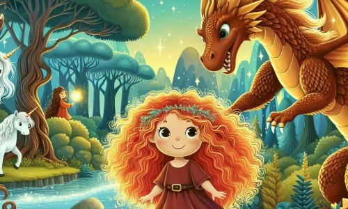 Une illustration destinée aux enfants représentant une petite fille aux cheveux bouclés couleur de feu, accompagnée d'un majestueux dragon aux écailles d'or, explorant un royaume fantastique peuplé de licornes, d'elfes et de dragons, dans une forêt luxuriante aux arbres centenaires et aux rivières scintillantes.