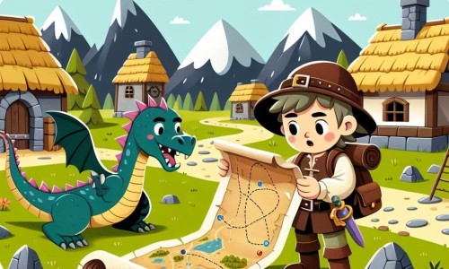 Une illustration destinée aux enfants représentant un jeune garçon aventurier découvrant une carte au trésor mystérieuse, accompagné d'un dragon amical, dans un village montagnard aux toits de chaume et aux ruelles pavées de pierres anciennes.