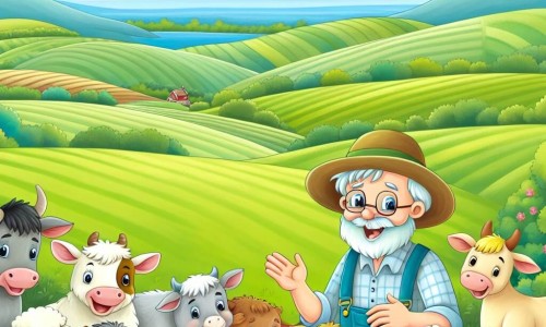 Une illustration destinée aux enfants représentant un homme joyeux et bienveillant, entouré de ses animaux heureux, dans une ferme pittoresque entourée de vastes champs verdoyants et de collines ondulantes.