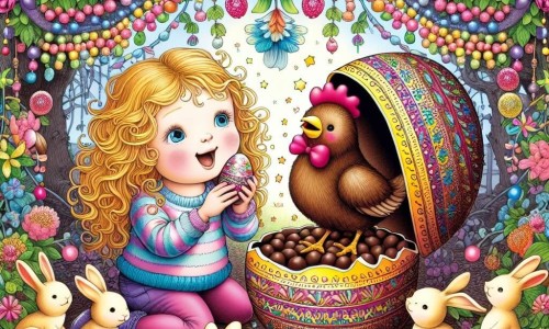 Une illustration destinée aux enfants représentant une fille aux boucles blondes, découvrant un œuf magique avec une poule en chocolat joyeuse dans un jardin décoré de guirlandes colorées et de petits lapins en chocolat.