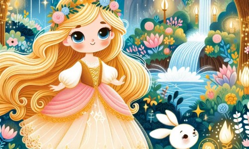 Une illustration destinée aux enfants représentant une princesse aux cheveux d'or, perdue dans une forêt enchantée, accompagnée d'un petit lapin blanc, dans un royaume magique rempli de fleurs lumineuses et de cascades étincelantes.