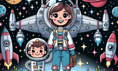 Une illustration destinée aux enfants représentant une astronaute intrépide, se tenant debout devant son vaisseau spatial, accompagnée d'un robot souriant, dans un paysage intergalactique rempli d'étoiles scintillantes et de planètes colorées.