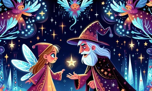 Une illustration destinée aux enfants représentant une exploratrice de l'espace, confrontée à un sorcier maléfique, dans un royaume des étoiles scintillant d'arbres lumineux et de créatures mystiques aux ailes chatoyantes.