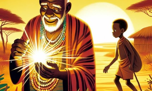 Une illustration destinée aux enfants représentant un homme sage et généreux découvrant un collier magique brillant parmi les buissons dans un village africain nommé Kwetu, entouré d'un jeune garçon berger solitaire, au bord de la savane baignée par la lumière dorée du soleil couchant.