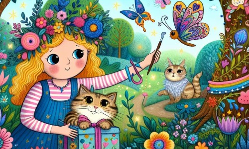 Une illustration destinée aux enfants représentant une fillette pleine d'imagination, préparant un cadeau magique pour sa maman chérie, avec l'aide de son fidèle chat Pacha, dans un jardin enchanté rempli de fleurs multicolores, d'arbres parlants et de papillons géants.