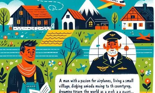 Une illustration destinée aux enfants représentant un homme passionné par les avions, vivant dans un petit village au milieu de la campagne, et rêvant de parcourir le monde en tant que pilote, avec la rencontre inattendue d'un pilote expérimenté qui devient son mentor.