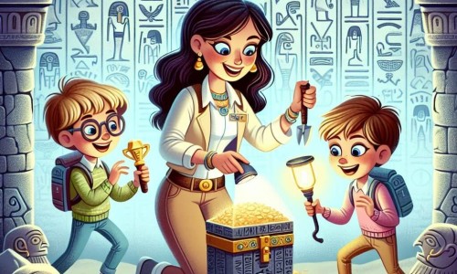 Une illustration destinée aux enfants représentant une archéologue passionnée (femme) découvrant un trésor avec deux jeunes apprentis archéologues (un garçon et une fille) dans un temple ancien orné de hiéroglyphes mystérieux.