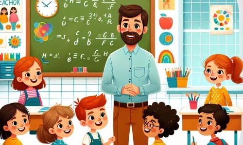 Une illustration destinée aux enfants représentant un instituteur souriant et passionné, accompagné de ses élèves, dans une salle de classe colorée et chaleureuse.