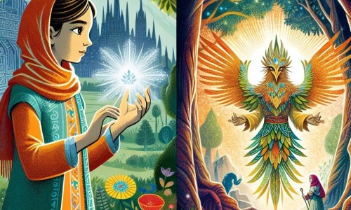 Une illustration destinée aux enfants représentant une jeune femme dotée d'un don extraordinaire, affrontant des épreuves aux côtés du Gardien de la Forêt, dans une clairière sacrée au cœur d'une forêt mystérieuse et enchantée.