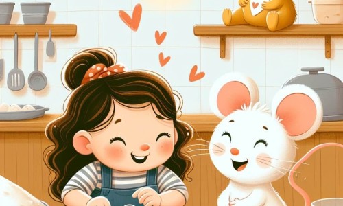 Une illustration destinée aux enfants représentant une petite fille aux boucles brunes, préparant une surprise pour sa maman, aidée par une maman souriante, dans une cuisine lumineuse remplie de farine et d'amour.
