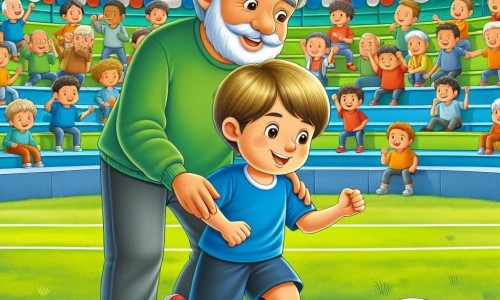 Une illustration destinée aux enfants représentant un jeune garçon passionné de football, accompagné d'un ancien joueur professionnel, évoluant sur un terrain de football verdoyant entouré de tribunes colorées et de supporters enthousiastes.