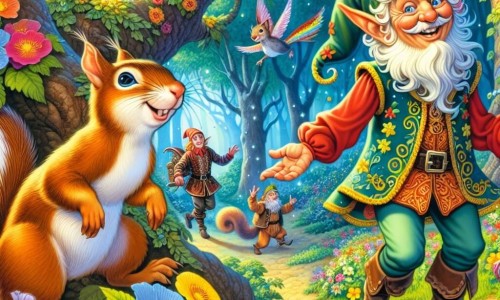 Une illustration destinée aux enfants représentant un lutin joyeux et malicieux accompagné d'un écureuil facétieux, explorant une forêt enchantée remplie de fleurs aux couleurs éclatantes et d'arbres majestueux.