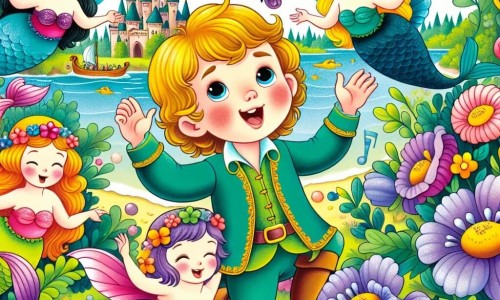 Une illustration destinée aux enfants représentant un jeune prince espiègle explorant un jardin magique enchanté en compagnie d'une famille de sirènes joyeuses et chantantes, entouré de fleurs multicolores et de papillons farfelus, dans un royaume lointain rempli de magie et de mystères.