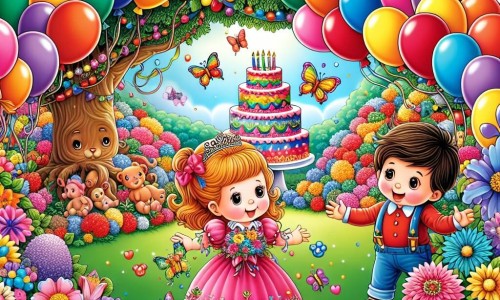 Une illustration destinée aux enfants représentant une petite fille joyeuse et pleine de vie, entourée de ballons colorés et d'un magnifique gâteau d'anniversaire, accompagnée de son meilleur ami, dans un jardin enchanté rempli de fleurs multicolores et d'un grand arbre majestueux.