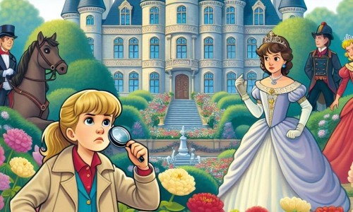 Une illustration destinée aux enfants représentant une jeune femme détective, résolvant le mystère d'un collier disparu avec l'aide d'une princesse rebelle, dans le somptueux château de Clairville entouré de majestueux jardins fleuris.