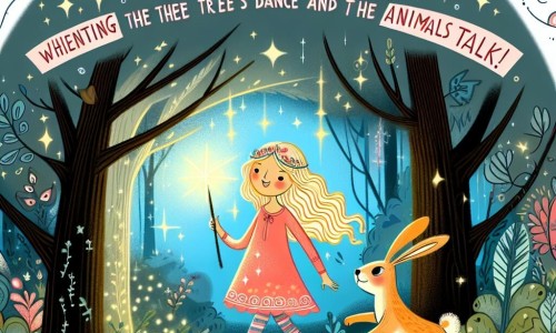 Une illustration destinée aux enfants représentant une jeune fille aux yeux pétillants, se trouvant dans une forêt enchantée où les arbres dansent et les animaux parlent, accompagnée d'un lapin malicieux, dans une quête pour répandre la joie et l'espoir dans un monde désenchanté.