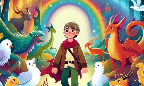 Une illustration destinée aux enfants représentant un jeune garçon au cœur vaillant, entouré de créatures fantastiques dans une forêt enchantée aux couleurs chatoyantes d'Arc-en-Ciel.