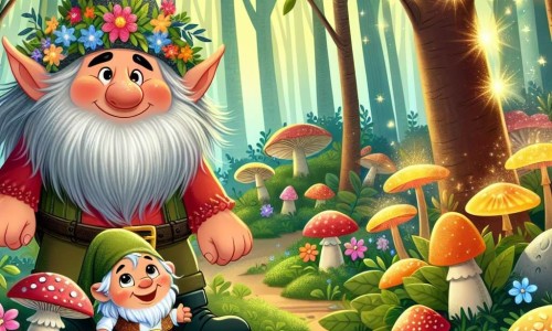 Une illustration destinée aux enfants représentant un troll farceur, accompagné d'un adorable lutin, dans une forêt enchantée remplie de champignons lumineux, de fleurs brillantes et d'arbres aux feuilles chatoyantes.