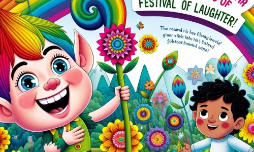 Une illustration destinée aux enfants représentant un elfe farceur aux cheveux arc-en-ciel, se trouvant dans un royaume enchanté rempli de fleurs multicolores, accompagné d'un jeune garçon, dans une situation où ils organisent une fête des rires pour célébrer l'humour et la joie.