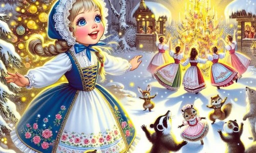 Une illustration destinée aux enfants représentant une jeune fille rayonnante lors de la fête du nouvel an, observant avec émerveillement une danse joyeuse des animaux de la forêt, dans un jardin enneigé scintillant de lumières et de magie.