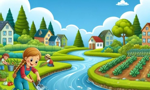 Une illustration destinée aux enfants représentant une fille passionnée par la nature, qui crée un jardin communautaire avec l'aide de ses voisins, dans un petit village bordé par une rivière étincelante et des champs verdoyants, sous un ciel bleu parsemé de nuages blancs.