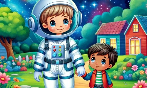 Une illustration destinée aux enfants représentant un jeune homme rêveur, passionné par l'espace, accompagné d'un astronaute bienveillant, évoluant dans un village paisible aux maisons colorées et aux jardins fleuris, sous un ciel étoilé.