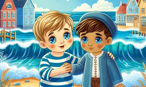 Une illustration destinée aux enfants représentant un garçon aux yeux pétillants se liant d'amitié avec un garçon triste d'origine étrangère, dans une petite ville au bord de la mer, sous un ciel bleu azur et des vagues douces caressant la plage de sable doré.