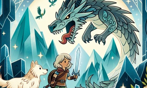 Une illustration destinée aux enfants représentant une aventurière courageuse affrontant un dragon maléfique sur la Montagne de l'Épreuve, accompagnée de son fidèle loup magique, dans le royaume scintillant de Cristallia.